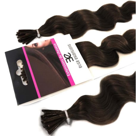 Extensions à froid châtain foncé cheveux frisés 60 cm
